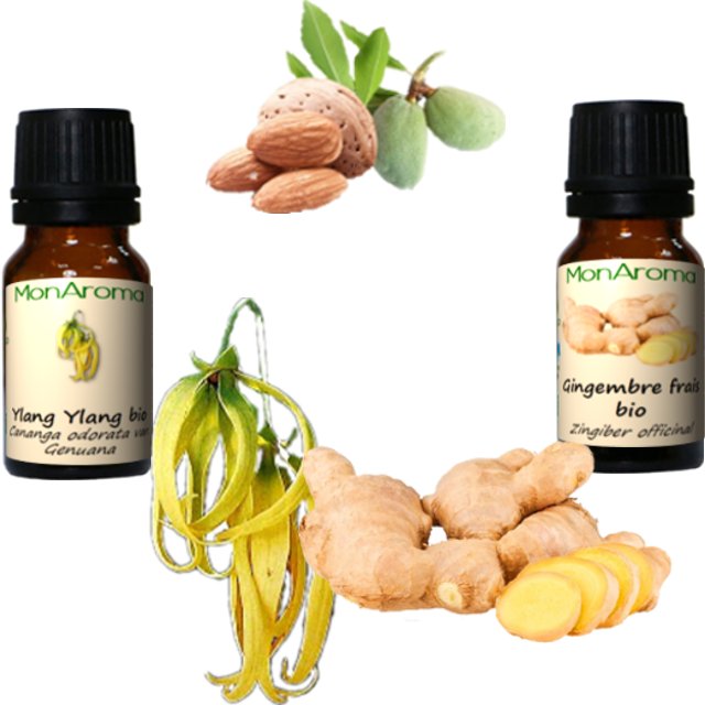 Les huiles essentielles pour un massage sensuel pour Monsieur parfumé à l'ylang-ylang et au gingembre frais