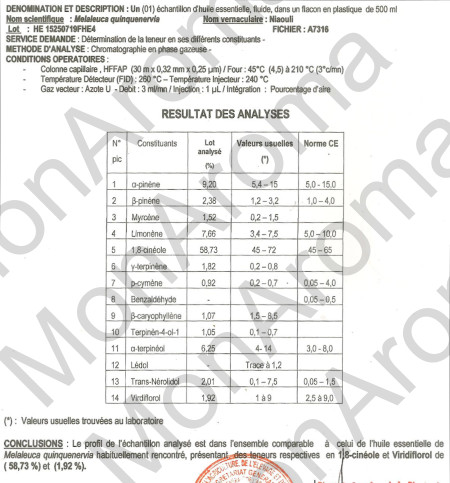 Chromatographie en phase gazeuse de notre huile essentielle de Niaouli